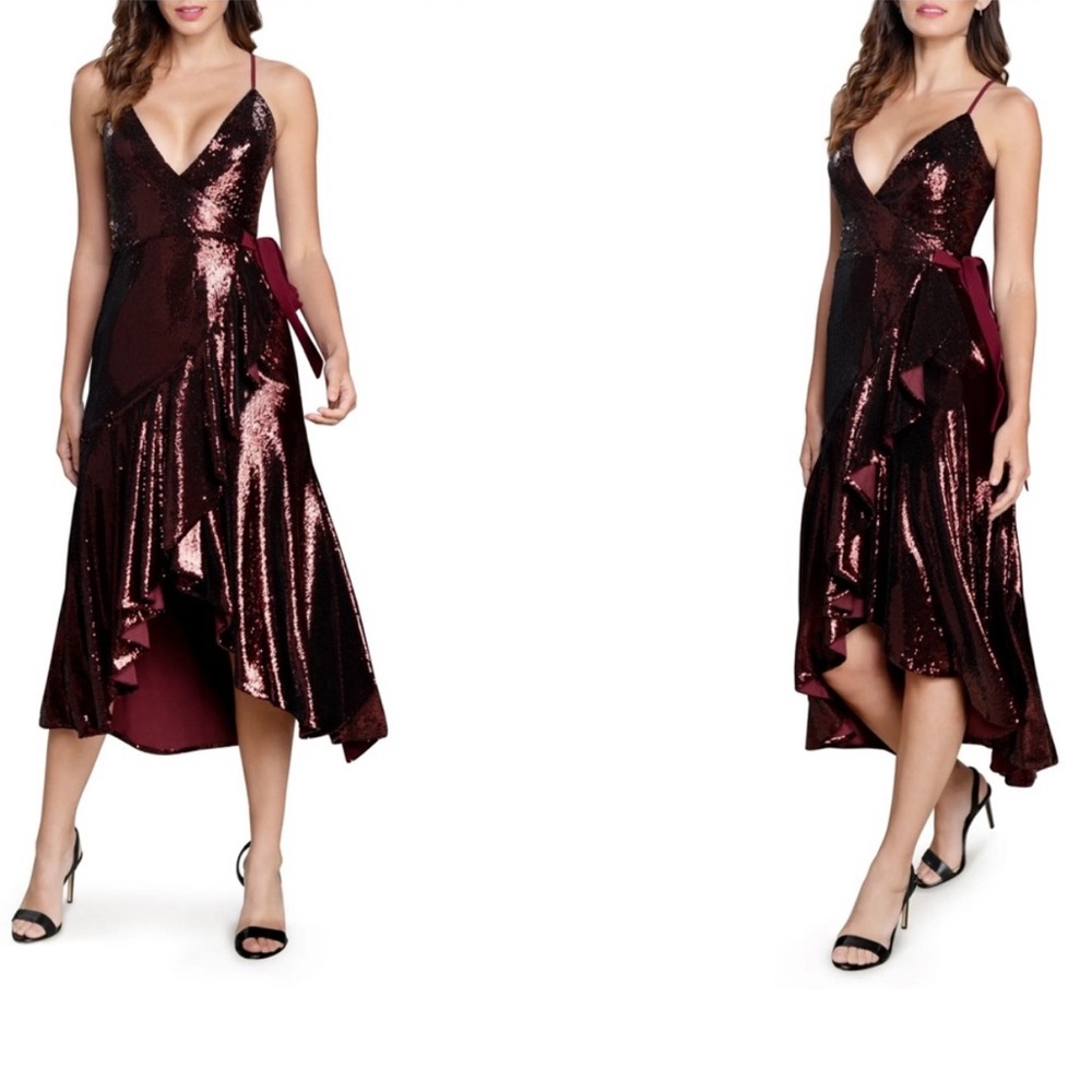 Dress the Population Burgundy Sequin Ruffle Wrap Dress, Size Small